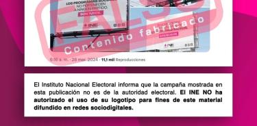 El INE difundió una imagen en la que rechaza que se use su emblema para la campaña de Xóchitl Gálvez o para cualquier acto proselitista y advirtió que la ley prevé multas.