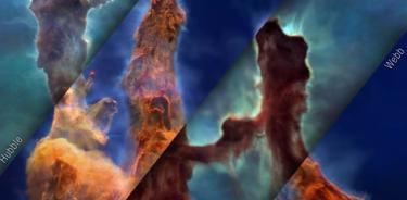 Un mosaico de vistas en luz visible (Hubble) y luz infrarroja (Webb) del mismo fotograma de la visualización de los Pilares de la Creación.