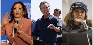 Fotos de archivo de la actual vicepresidenta, Kamala Harris (i), y los gobernadores de California, Gavin Newsom (c), y de Michigan, Gretchen Whitmer