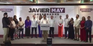 El gobernador electo de Tabasco, Javier May, acompañado de su gabinete.