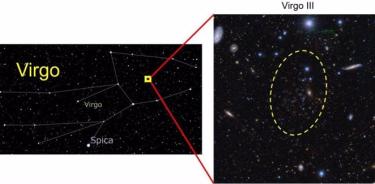 Posición de una galaxia enana recién descubierta (Virgo III) en la constelación de Virgo (izquierda) y sus estrellas miembros (derecha; las que están marcadas con un círculo blanco). Las estrellas miembros están concentradas dentro de la línea discontinua .