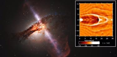 Una simulación del «corazón y los pulmones» de una galaxia en funcionamiento se muestra insertada en una impresión artística de chorros bipolares de gas que se originan en un agujero negro supermasivo en el centro de una galaxia.