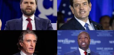 Los cuatro nombres que más suenan para convertirse en compañero de fórmula de Trump: J.D. Vance (i) y Marco Rubio (d) y abajo Doug Burgum (i) y Tim Scott (d)