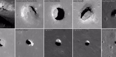 stas imágenes de la sonda espacial LRO de la NASA muestran una serie de hoyos detectados en la Luna. Cada imagen cubre un área de unos 220 metros de ancho.