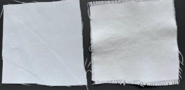 Un recubrimiento a base de tiza se adhiere a varios textiles disponibles comercialmente, incluidos el algodón y la fibra sintética, para crear telas refrescantes, como el material sintético tratado (derecha) que es más brillante que la tela sin tratar.