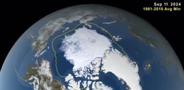 Esta imagen, tomada de una visualización de datos, muestra la extensión mínima del hielo marino del Ártico el 11 de septiembre de 2024. El límite amarillo muestra la extensión mínima promediada durante el período de 30 años de 1981 a 2010.