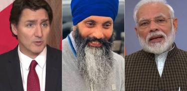 El premier candiense, Justin Trudeau, el líder sij asesinado, Hardip Singh Nijjar, y el premier indio, Narendra Modi